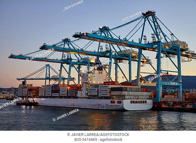 Container ship, Commercial Port of Algeciras, Cádiz, Andalucia, Spain, Europe