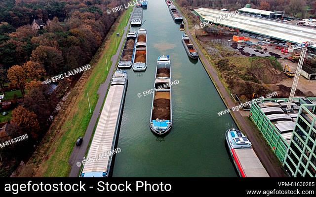 This aerial drone image shows boats lined up before a closed lock in the Albertkanaal - Canal Albert canal in Wijnegem, during a strike action of the personnel...