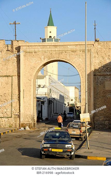 Old main gate Bab al Khending to medina with minaret Tripolis Libya