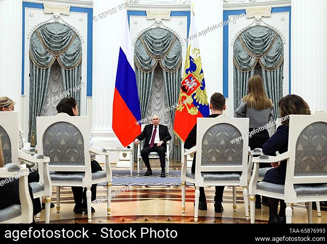 RUSSIA, MOSCOW - DECEMBER 18, 2023: Russia's President Vladimir Putin meets with winners and mentors of the Professionals national professional skills...