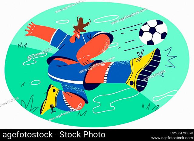 Smiling male athlete kick football ball on field. Happy motivated sportsman engaged in game or match. Sport career. Vector illustration