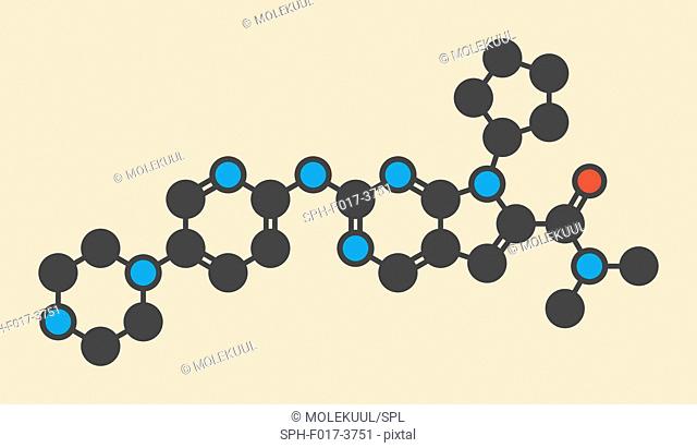 Ribociclib cancer drug molecule (CDK4/6 inhibitor), computer illustration. Atoms are shown as color-coded circles: hydrogen (hidden), carbon (grey)