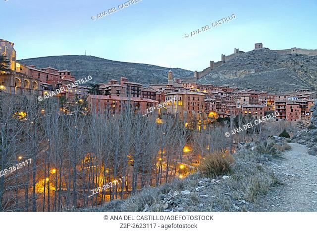 Albarracin medieval terracotte village in Teruel, Aragon, Spain. One of the Spain's most beautiful villages. Evening time
