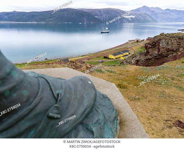 Statue of Leif Eriksson, european norse discoverer of North America. The settlement Qassiarsuk, probably the old Brattahlid, the home of Erik the Red