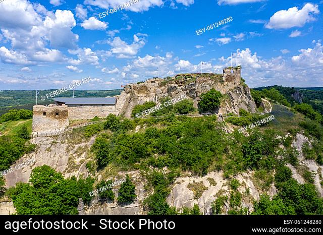 Aerial panorama view of the ruins of Castle of Sirok, built in 13th century in Matra Mountain, Hungary