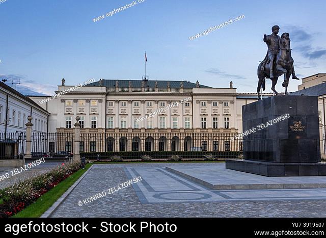 Classicist style Presidential Palace with Jozef Poniatowski statue on the Krakowskie Przedmiescie street in Warsaw, capital of Poland