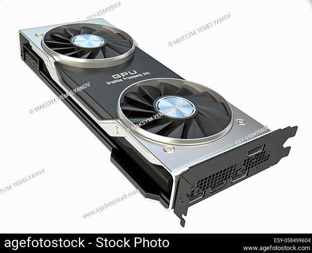 Graphics card. Modern gaming GPU graphics processing unit isolated on white. 3d illustration