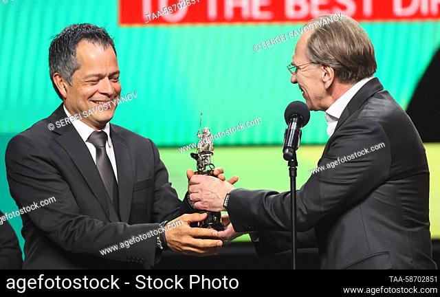 RUSSIA, MOSCOW - APRIL 27, 2023: Mexican film director Tonatiuh Garcia receives the Silver St George for Best Director with his picture Luna Negra [Black Moon]