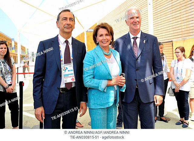 U.S. House Democratic leader Nancy Pelosi with the Commissioner and CEO of Expo' 2015 Giuseppe Sala ( left ) and the Commissioner General of the USA Pavilion...