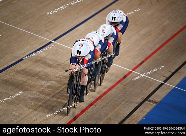 03 August 2021, Japan, Izu: Cycling/Track: Olympics, preliminaries 4000m team pursuit, women, 1st round at Izu Velodrome