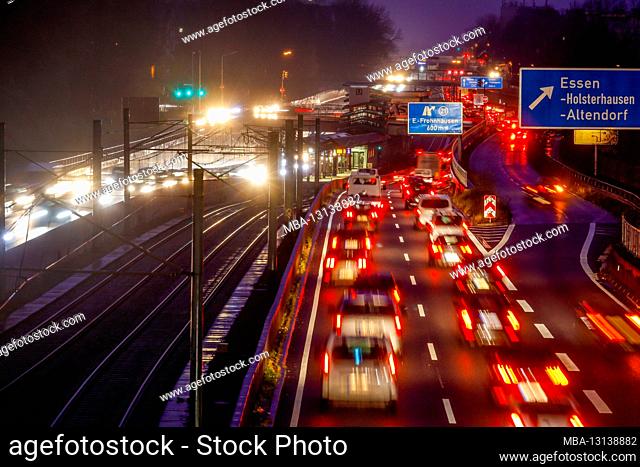 Essen, Ruhr area, North Rhine-Westphalia, Germany - A40 motorway during evening rush hour traffic in Essen city center