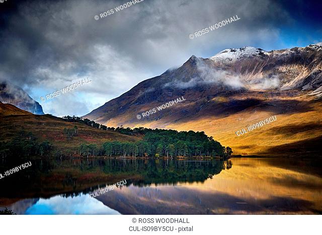 Tranquil mountain landscape mirror imaged in loch, Achnasheen, Scottish Highlands, Scotland
