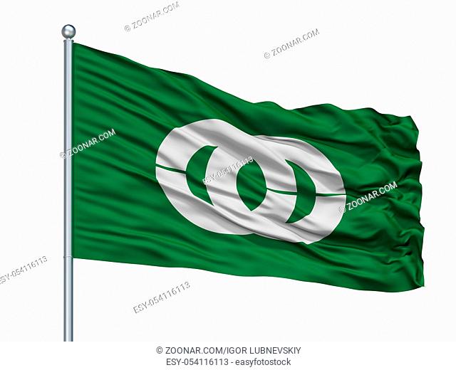 Mobara City Flag On Flagpole, Country Japan, Chiba Prefecture, Isolated On White Background