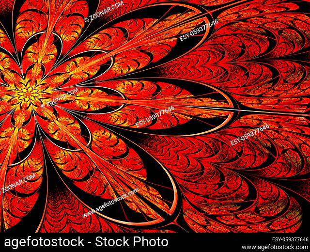 Fractal flower - abstract computer-generated image. Digital art: ornate red and yellow petals like mosaic or stained-glass