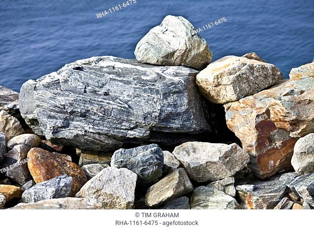 Sedimentary rocks as part of sea defences in County Wexford, Ireland
