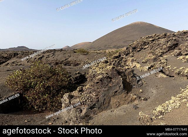 Lava fields, behind the volcanoes Montana Negra, Montana Colorada, Montana Ortiz, Parque Natural Los Volcanes, Lanzarote, Canary islands, Spain, Europe