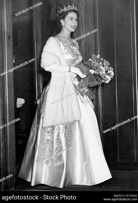 The Queen leaving the Odeon Leicester-square, after the Royal Film Performance which she attended last night (31.10.55). November 1, 1955