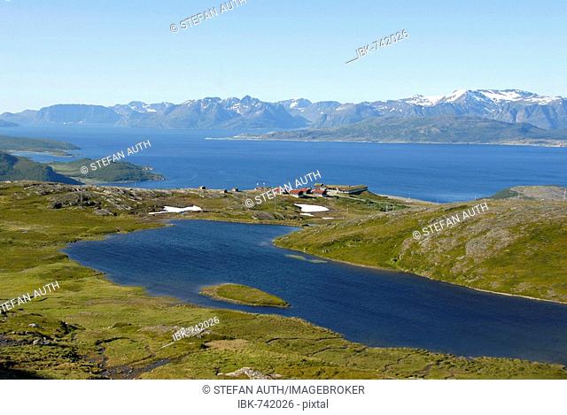 Fjord landscape, fell and snow-capped mountains, Lapland, Norway, Scandinavia