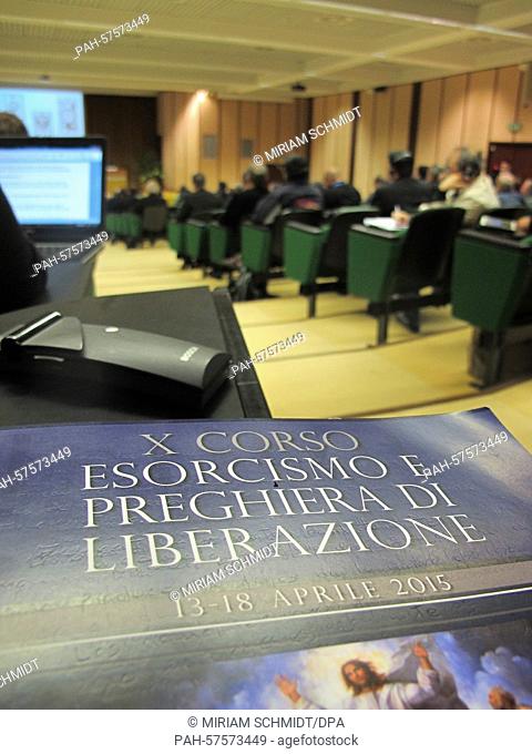 Participants listen to a lecture as part of a class for exorcists at the Catholic University Regina Apostolorum in Rome, Italy, 16 April 2015