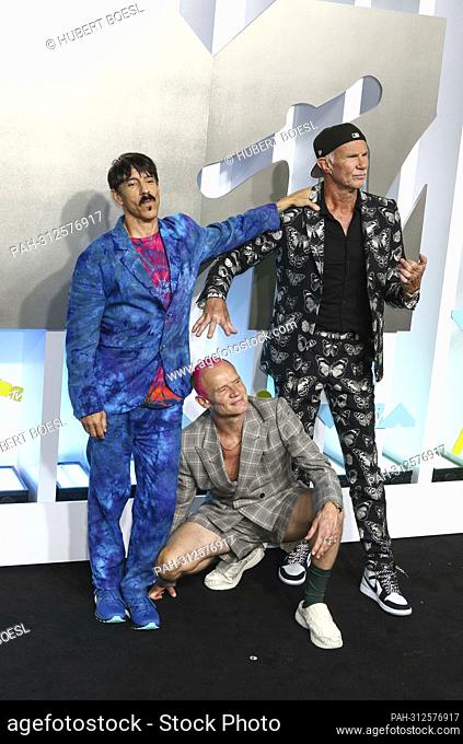 Anthony Kiedis, Flea and Chad Smith of Red Hot Chili Peppers attend the 2022 MTV Video Music Awards, VMAs, at Prudential Center in Newark, New Jersey, USA