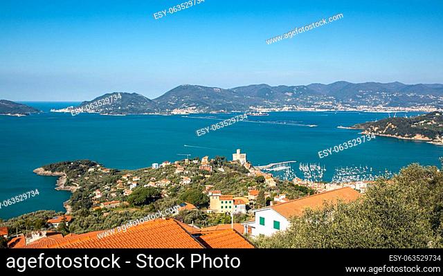 Elevated view of the Gulf of La Spezia, Liguria, Italy, Europe. Lerici town with the ancient castle, and Portovenere or Porto Venere, UNESCO world heritage site