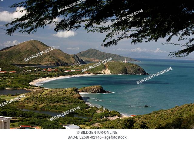 The coastal scenery with Pedro Gonzalez with the beaches Playa Guayacan and Playa Puerto Viejo in the Caribbean coast of Pampatar on the island Margarita