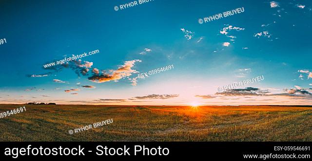 Sunset, Sunrise Over Rural Meadow Field In August Month. Countryside Landscape Under Scenic Summer Dramatic Sky In Sunset Dawn Sunrise