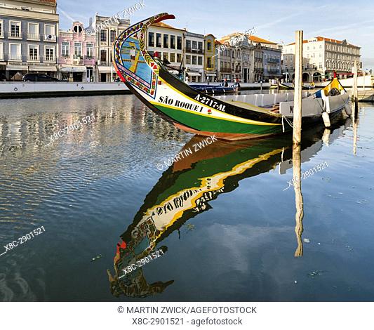 Traditional Moliceiro Boats, Canal Central. Aveiro in Portugal on the coast of the Atlantic. Because of the many channels Aveiro is called the venice of...
