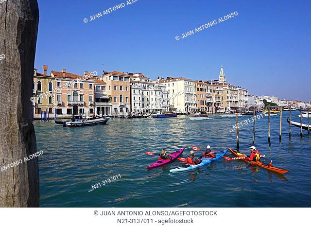 Kayaking in the Grand Canal. Venice, Veneto, Italy, Europe
