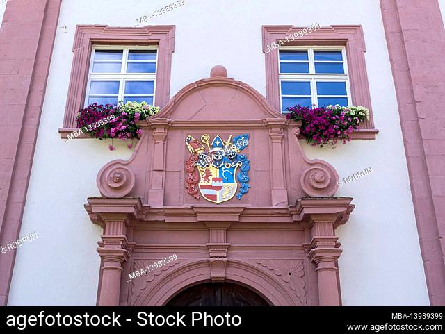 Germany, Baden-Wuerttemberg, Horb-Dettingen, coat of arms of Muri above the castle portal of Dettingen Castle, built in 1746 by Prince Abbot Gerold I von Muri