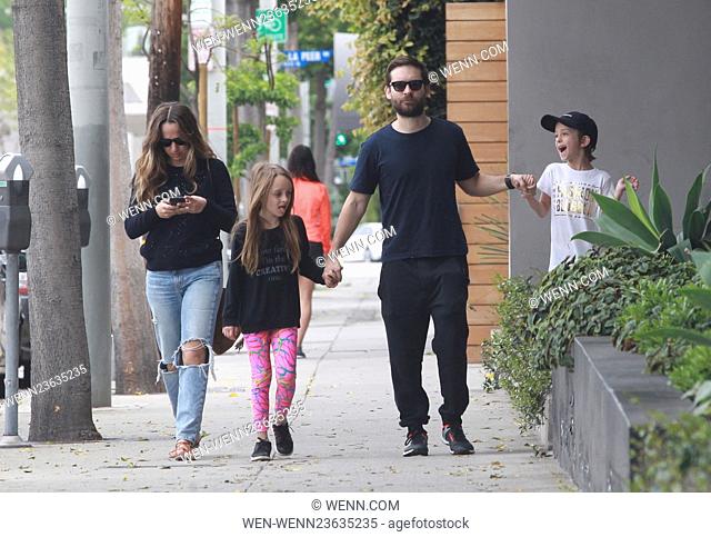 Tobey Maguire and wife Jennifer Meyer take their two children Ruby and Otis to have Sunday lunch at Gracias Madre in Beverly Hills Featuring: Tobey Maguire