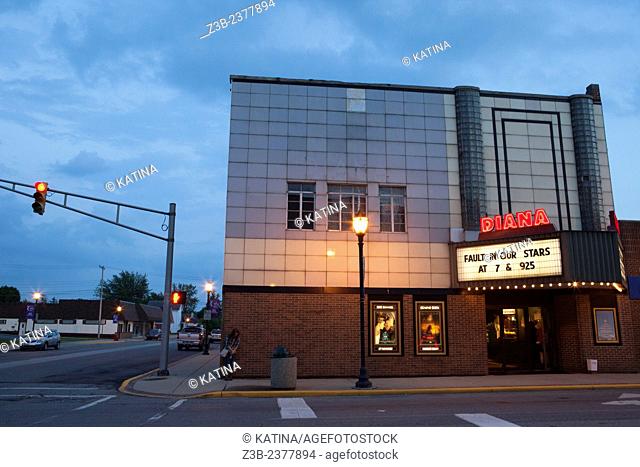 Diana Movie Theater at twilight, Tipton, Indiana, IN, USA