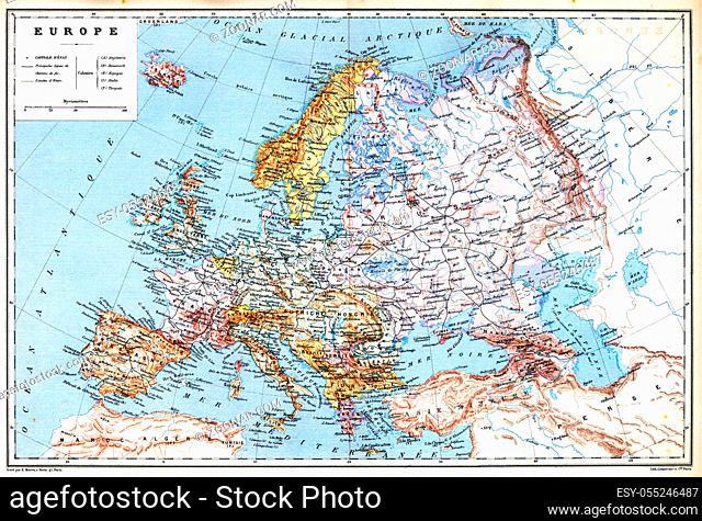 The old planispheric map of Europe with explanation of signs on map