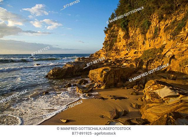 Australia, New South Wales, Central Coast, Bouddi National Park, beautifully paterned Hawksbury sandstone at Maitland Bay  The decorative brown lines and...