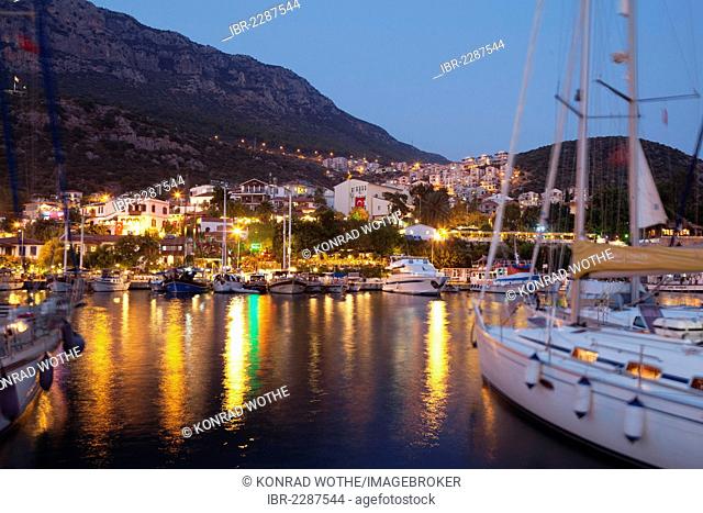 Kas harbour at night, Lycian coast, Lycia, Mediterranean, Turkey, Asia Minor