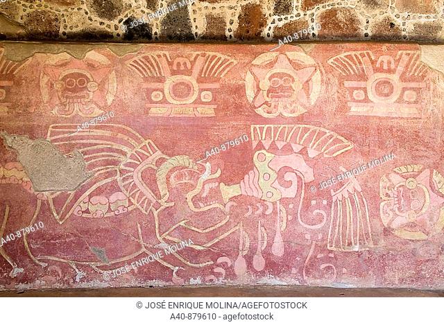 Archeological site of Teotihuacan (100BC-AD700).UNESCO World Heritage Site.Mural painting in the Palace of The Jaguars . Mexico