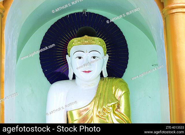 Telephoto of Budda image. Shwedagon Pagoda, Yangon, Myanmar, Southeast Asia