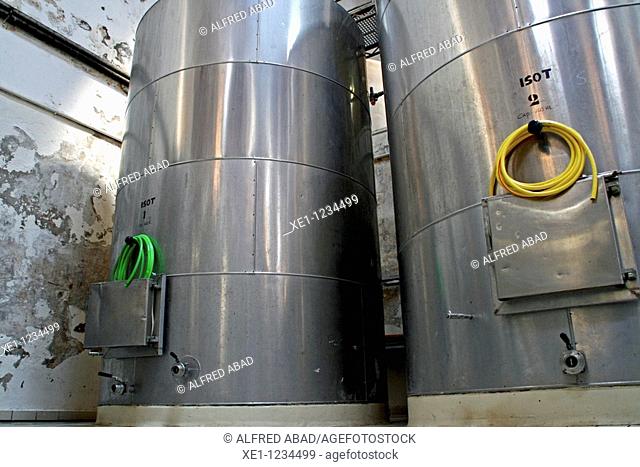 steel containers, hoses, Bodegas Marfil, Alella, Catalonia, Spain