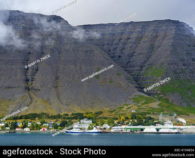 Village Bildudalur at fjord Sudurfirdir. The Westfjords (Vestfirdir) in Iceland during autumn. Europe, Northern Europe, Iceland
