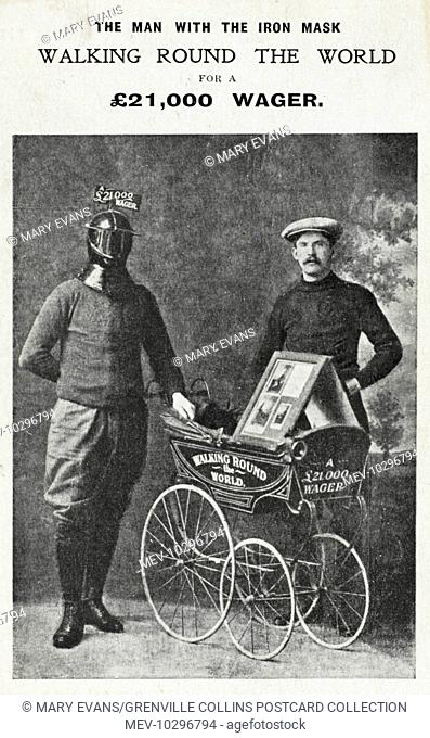 An extraordinary postcard of a man who for a wager of ú21, 000 pounds, walked around the world. Harry Bensley alledged to have pushed his perambulator all...