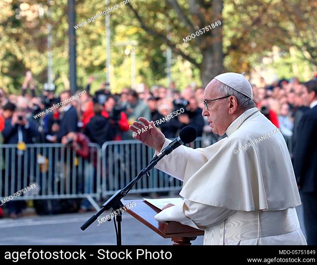 Pope Francis' visit and prayer in the Museum of Occupations and Freedom Fights. In the pictire: Pope Francis delivers his speech at the monument to the victims...