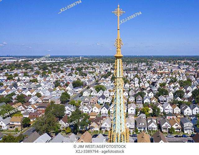 Hamtramck, Michigan - The spire of St Florian Catholic Church rises nearly 200 feet above Hamtramck. The church was built in 1908 in the Polish Cathedral...
