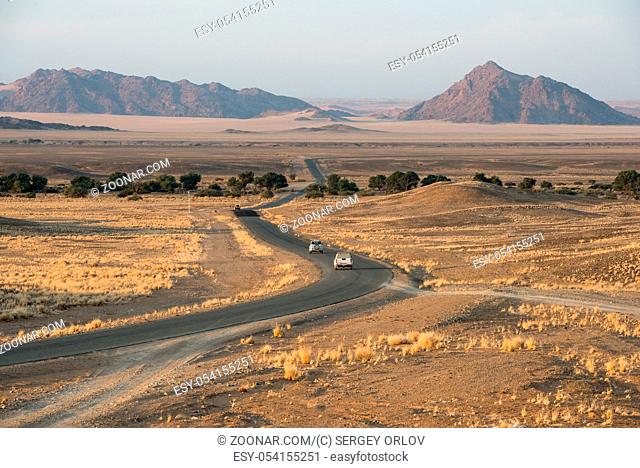 A modern asphalt road with tourist cars is bending across Namibian endless fields