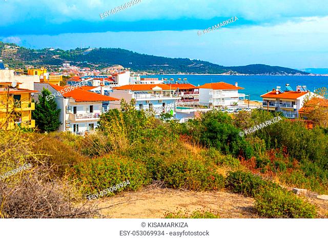 Summer vacation background with Greek resort Sarti aerial view, Greece, Halkidiki