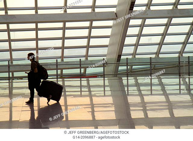 China, Beijing, Beijing Capital International Airport, PEK, Terminal 3, T3, Express Train Station, platform, Asian, man, inside, interior, silhouette, suitcase