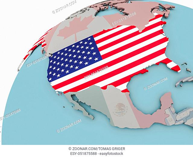 USA on political globe with embedded flags. 3D illustration