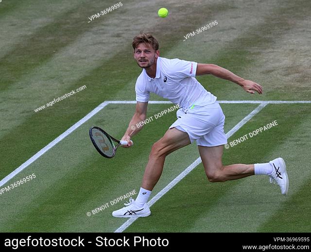 Belgian David Goffin pictured in action during a tennis match against US Tiafoe in the fourth round of the men's singles tournament at the 2022 Wimbledon grand...