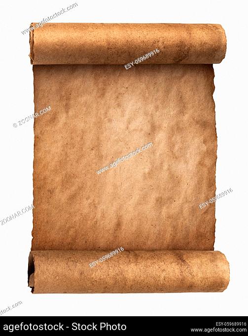 Vintage paper texture, rolled craft parchment isolated on white background, old scroll