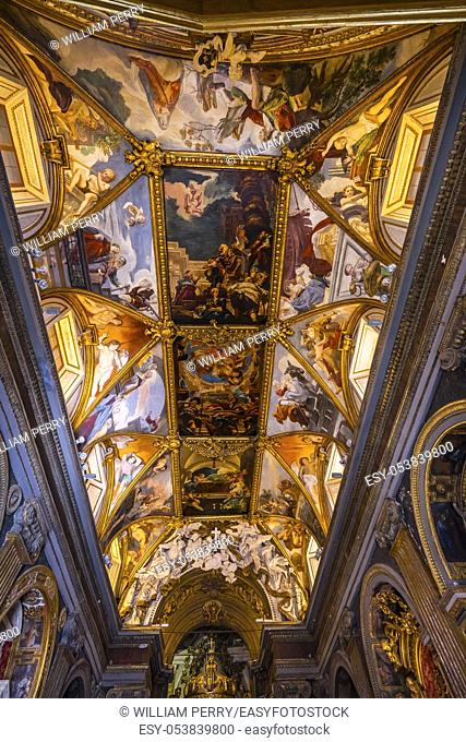 Long Ceiling Frescos Nave Basilica Saint Maria in Trevio Rome Italy, Church dedicated to Mary, next to Trevi Fountain, built in 1500s