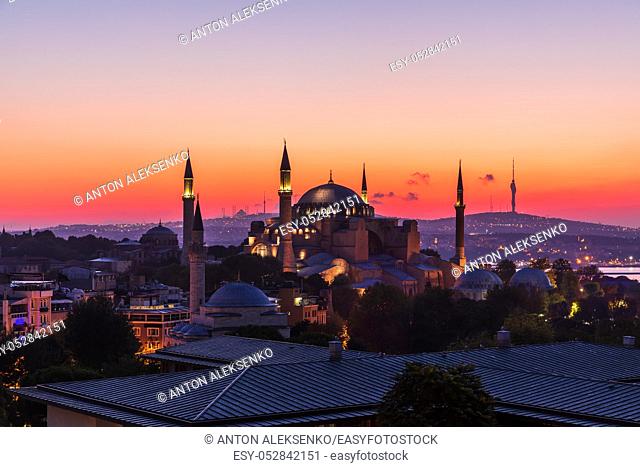 Hagia Sophia in Istanbul, colorful sunset view